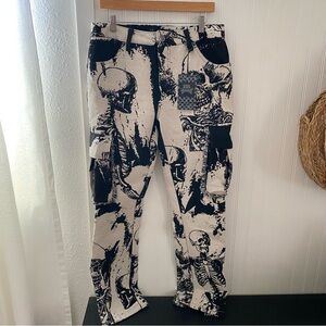 Rebel Vengeance Skull Print Tapestry Jacquard Cargo Pants Men’s 30 Fringe Sides